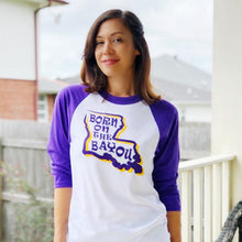 Load image into Gallery viewer, LSU Born on the Bayou 3/4 Sleeve White and Purple Raglan Unisex Shirt
